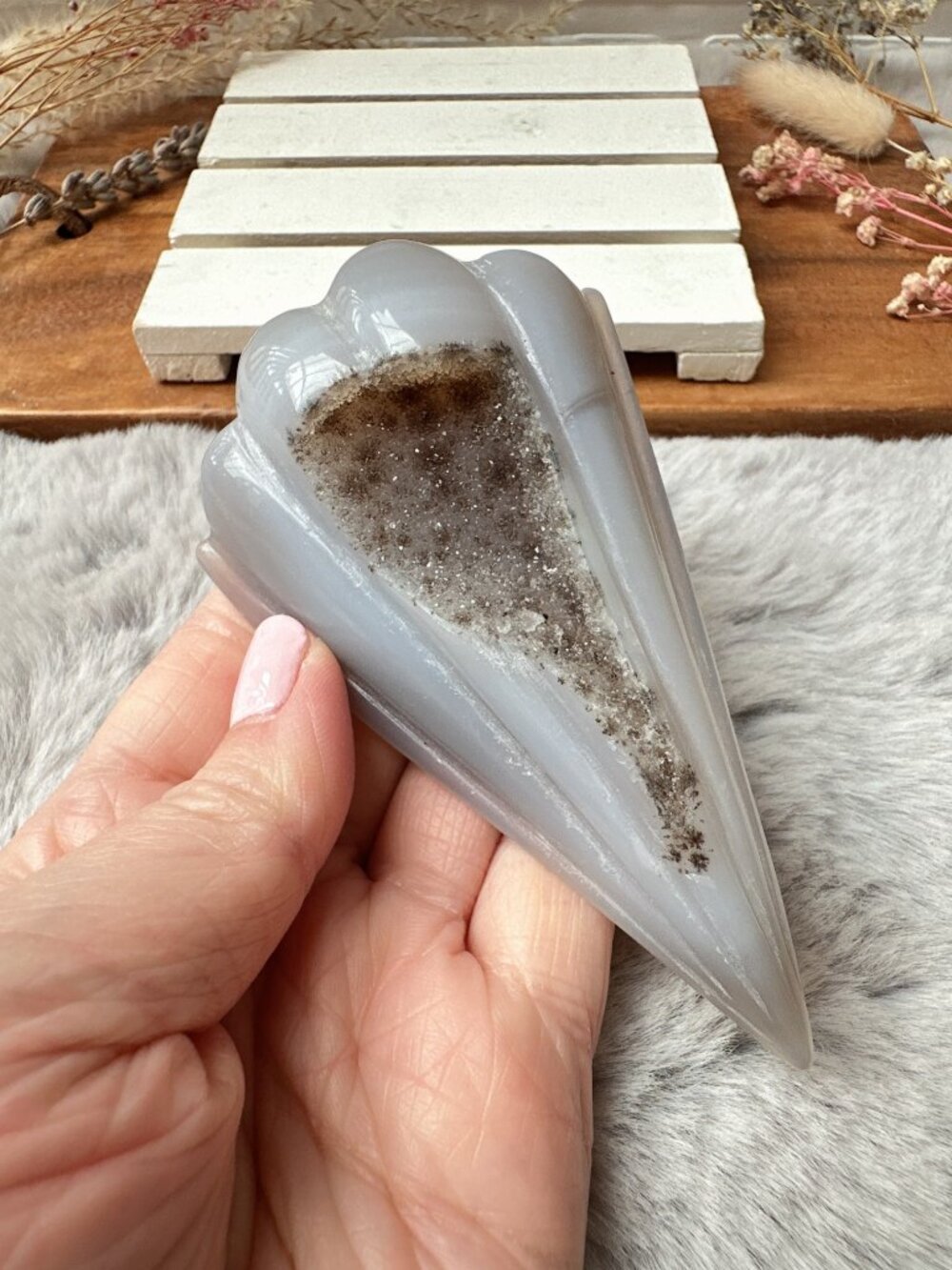 Beautiful Druzy Agate Seashell Carving
